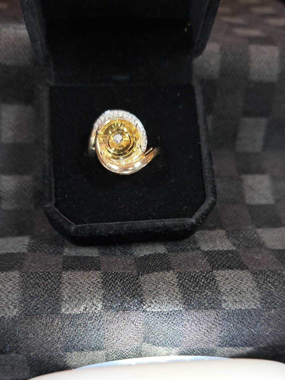 Two-Tone Spiral Floral Ring with Center Stone in Gold and Yellow and Diamonds